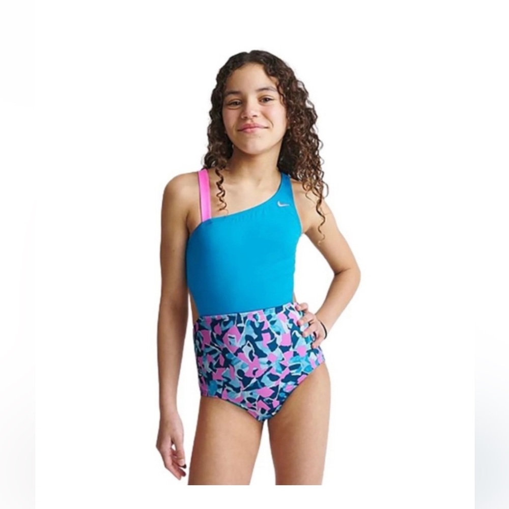 NWT‎ Nike Girls Swim Shred Camo Asymmetrical Monokini Blue Lightning Performance